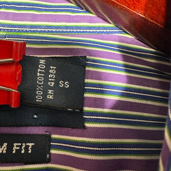 Ralph Lauren Shirt Mens 16.5 Custom Fit Button Down Purple Blue Stripe Cotton - Picture 6 of 8